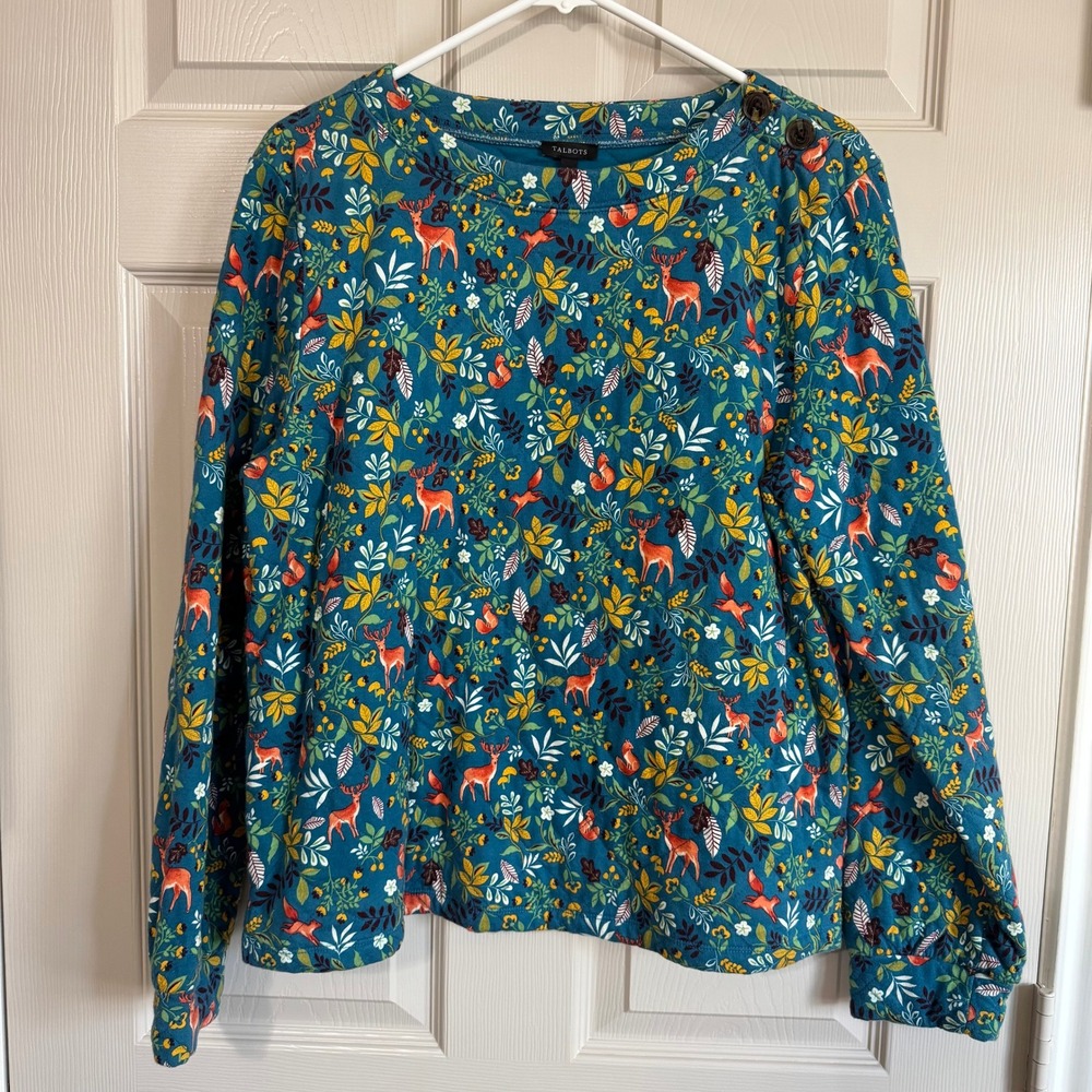 Talbots Womens Large Teal Quilted Woodland Animal Print Button Shoulder Pullover